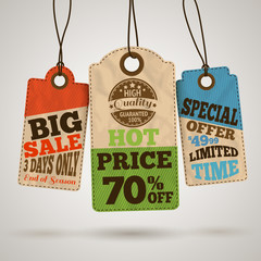 Collection of cardboard sale price tags
