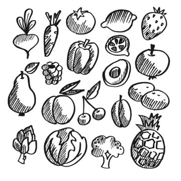 Black isolated vegetables, fruits doodle icons, vector
