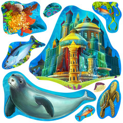 Obraz na płótnie Canvas Cartoon elements of coral reef - illustration for the children