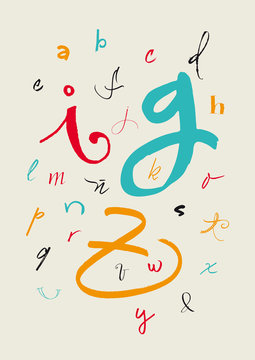 Calligraphic hand written lowercase alphabet