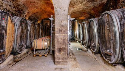 Old Wine Cellar With Barrels