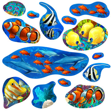 Cartoon elements of coral reef - illustration for the children