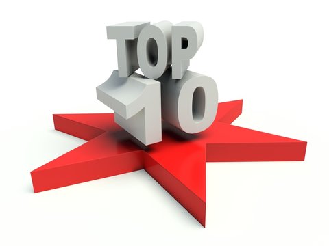 Words Top 10 on star. 3d render illustration.