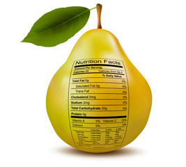 Pear with nutrition facts label. Concept of healthy food. Vector