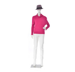 full-length female red clothing in hat on mannequin