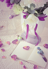 The book on a table with rose petals