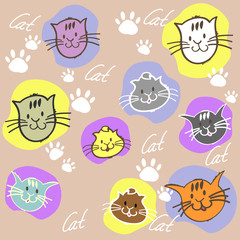 Seamless set different colors cats with inscription and paw