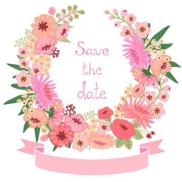 Vintage card with floral wreath. Save the date.