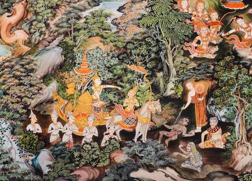 Thai mural painting inside of Buddhist temple, Thailand