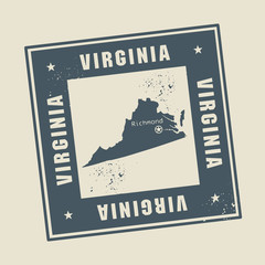 Grunge rubber stamp with name and map of Virginia, USA