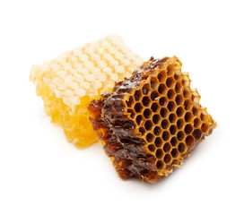Slice honey comb on white background.