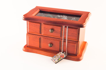 wooden casket with jewelry