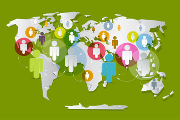 Vector People on Paper World Map - Social Media