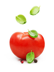 Red tomato and basil leaves spice falling down isolated on white