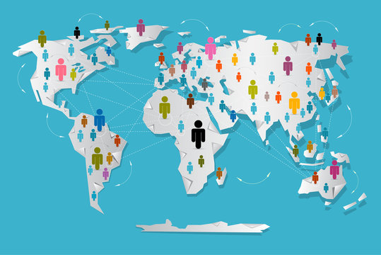 Vector People on Paper World Map - Social Media