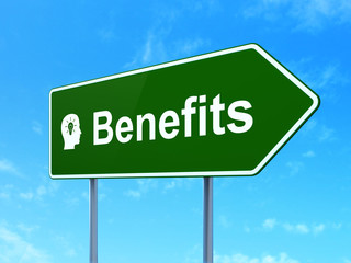Business concept: Benefits and Head With Light Bulb on road sign