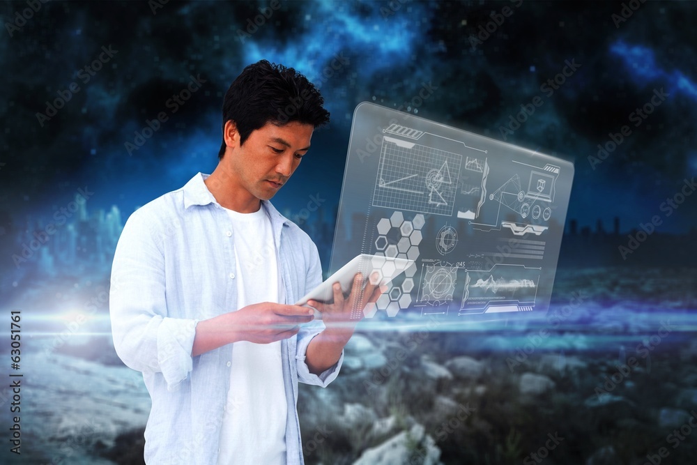 Aufkleber casual man using tablet with interface