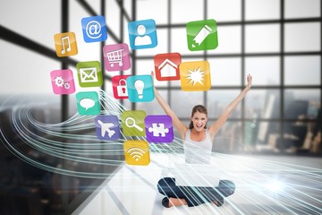 Cheering blonde using laptop with app icons