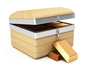 Wooden chest and gold bullions