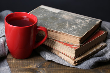 Cup of hot tea with books and plaid on table close up