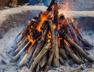 Burning fire wood in the fire