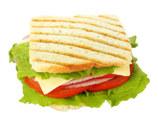 Tasty sandwich with ham, isolated on white
