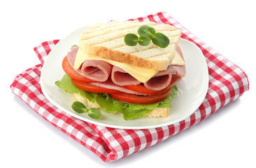 Tasty sandwich with ham, isolated on white