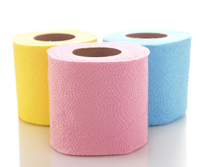 Colorful toilet paper rolls isolated on white