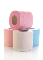 Colorful toilet paper rolls isolated on white