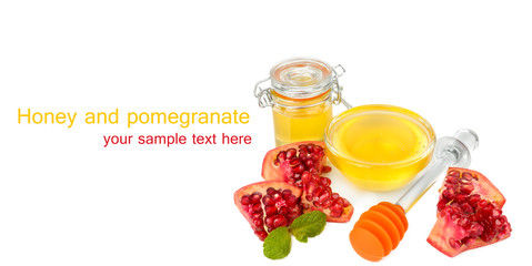 Sweet honey with pomegranate isolated on white