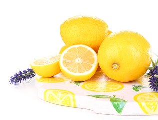 Fototapeta na wymiar Still life with fresh lemons and lavender, isolated on white