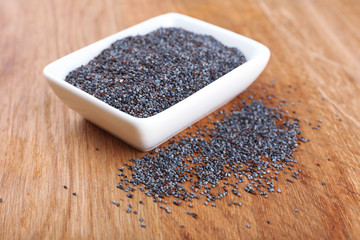 Poppy seeds in bowl on table close-up