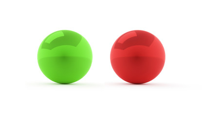 Two red and green spheres on white