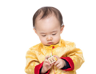 Chinese baby boy play toy block isolated