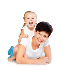 Mother and daughter laughing
