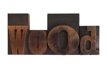wood, word written in vintage printing blocks