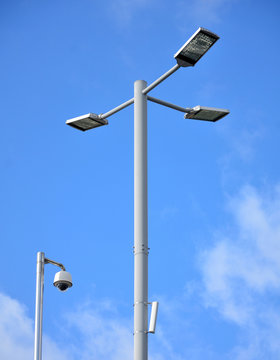 Street lamp and CCTV with big blue sky