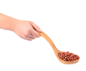 peeled peanuts in a wooden spoon