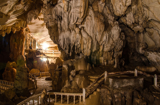 pathway underground cave in Laos, with stalagmites and stalactit