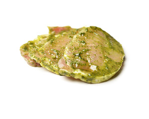 Raw marinated meat isolated on white.