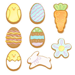 Set of decorated easter cookies of different forms.