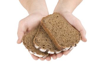 Hands hold a slice of bread isolated on white