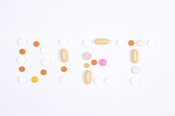 diet word text made of colorful tablets, pills and capsules