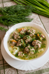 Soup with meatballs and fresh dill and onion