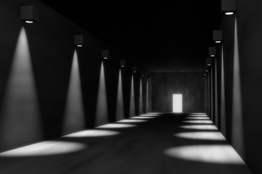 3D render of empty hall, dramatic lights, door