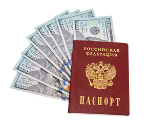 Russian passport and  dollar bills over white background