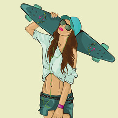 Beautiful young girl standing with skateboard