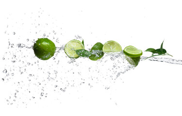 Fototapeta na wymiar Pieces of limes in water splash