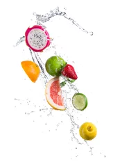 Zelfklevend Fotobehang Pieces of exotic fruit in water splash © Jag_cz