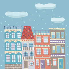 Fototapeta premium Cute vector hand drawn town in rainy autumn day